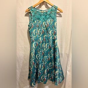 50s style Tatyana Size M Teal Bicycle Print Lace Fit & Flare Dress